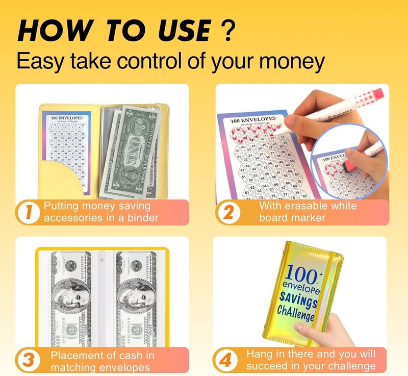 gusutide 100 Envelope Savings Challenge Binder, Money Saving Binder with Cash Envelopes, from 30 Days to 52 Weeks, to Save $500,$5,050 and $10,000, back to school supplies,gift for children (Golden-A6) - Image 4